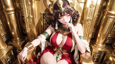 Ancient Egyptian Queen degraded on her golden throne in red and gold