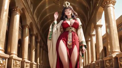 Ancient Egyptian Queen degraded on her golden throne in red and gold