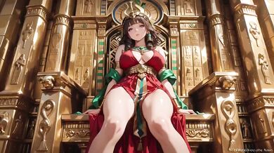 Ancient Egyptian Queen degraded on her golden throne in red and gold