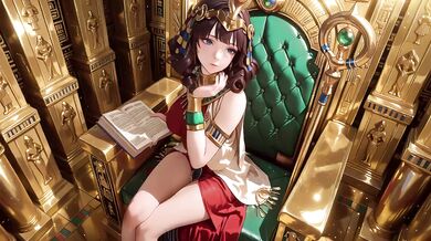Ancient Egyptian Queen degraded on her golden throne in red and gold