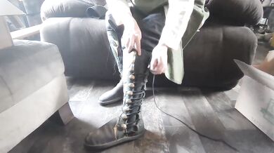 Knees shake in leather moccasins