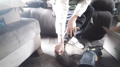 Knees shake in leather moccasins