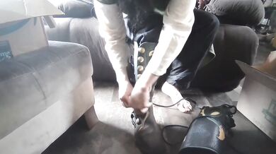 Knees shake in leather moccasins