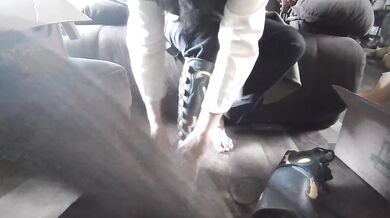 Knees shake in leather moccasins