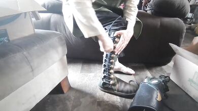 Knees shake in leather moccasins