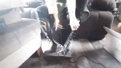 Knees shake in leather moccasins
