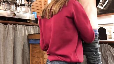 Teen whore gets caught sucking cock under bar counter at work