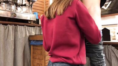 Teen whore gets caught sucking cock under bar counter at work