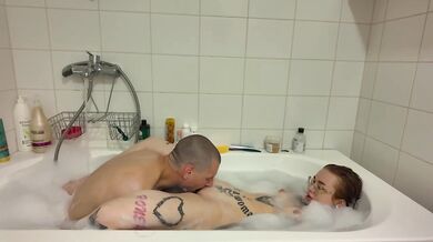 Bath time blowjob destroys redhead babysitter's tight throat