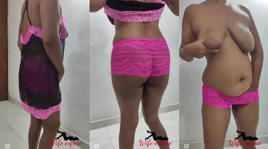 Sri Lankan milf strips pink night dress her big tits out