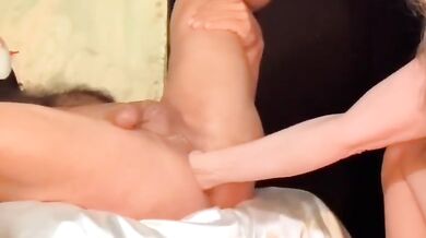 Femdom wife fist fucks husband tight ass with rose clit vibrator climaxing in slutty feet