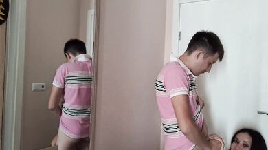 Double cumshot of the neighbor's wife while her husband jerks off at home!