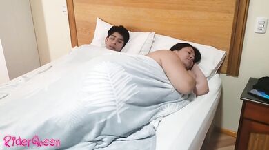 Stepmother and stepson. Risky creampie on the bed home alone