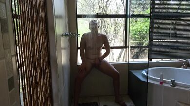 Rubbing my big fat pussy | clit in a big open shower till I cum at a nude holiday resort