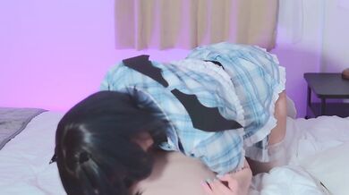 Devil in cute cosplay slowly squeezes sensitive M man with her mouth until he gushes