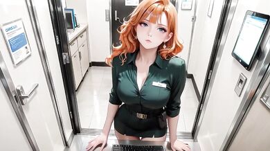 Redhead secretary tease cum drips on leather chair in deep green silk suit