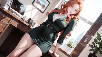 Redhead secretary tease cum drips on leather chair in deep green silk suit