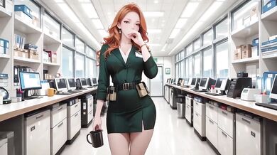 Redhead secretary tease cum drips on leather chair in deep green silk suit
