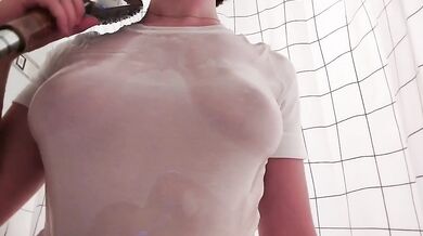 18 Year Old Girl Takes Shower and Fingerbangs Her Big Tits Until She Cums Hard