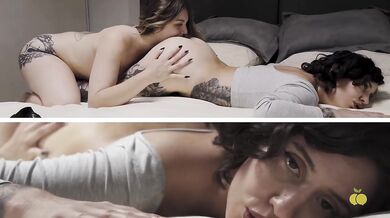 Neighbor tattoo artist gets railed in anal threesome creampie