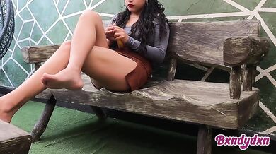 Latina home alone in miniskirt POV gets hot and bothered playing in the garden
