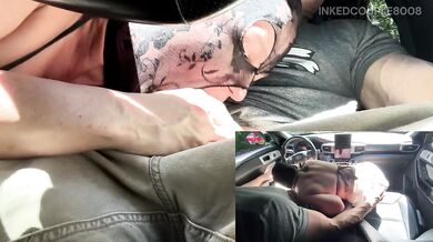MILF chokes on thick cock in the car raw deepthroat