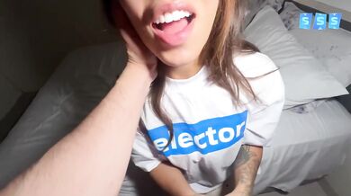 Stepdaughter in silk pajamas gobbles every drop of my cum