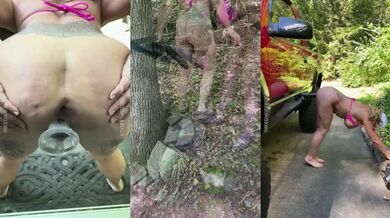 Horny MILF gets stuffed with a huge BBC dildo outdoors