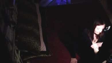 Amateur blowjob ruined by cuckold voyeur sloppy cum in mouth behind the scenes
