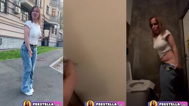 Desperate MILF Peestella finally lets loose golden shower in café toilet