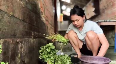 Hard rough sex while washing cutting vegetables in rural area