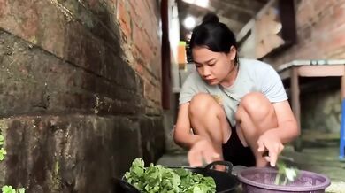 Hard rough sex while washing cutting vegetables in rural area