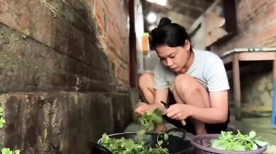 Hard rough sex while washing cutting vegetables in rural area