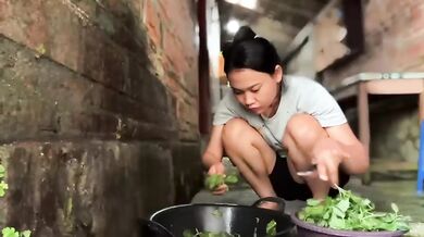 Hard rough sex while washing cutting vegetables in rural area
