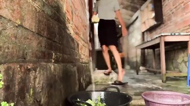 Hard rough sex while washing cutting vegetables in rural area