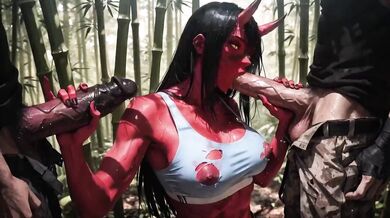 Succubitch ravaged by Demon Ninjas in wild bamboo forest gangbang