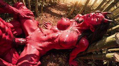 Succubitch ravaged by Demon Ninjas in wild bamboo forest gangbang