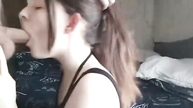 Babe choked by big dick over massive tits