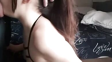 Babe choked by big dick over massive tits
