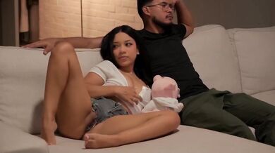 My latina stepsister masturbates while I watch a movie with her big tits bouncing