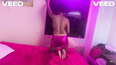 Neon pink dress cosplay solo at window late night deepthroat