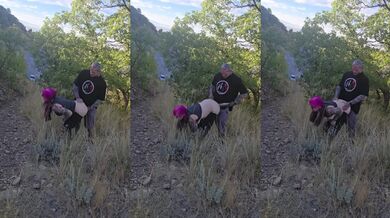 Tatted milf gets destroyed in the woods public sex gangbang