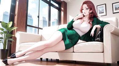 Red Hair Green Suit Secretary Teasing Her Wet Eyes