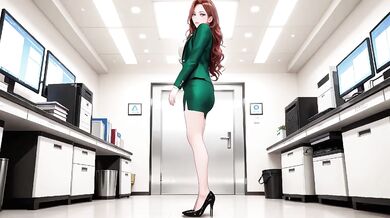 Red Hair Green Suit Secretary Teasing Her Wet Eyes