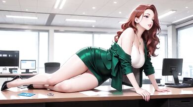 Red Hair Green Suit Secretary Teasing Her Wet Eyes