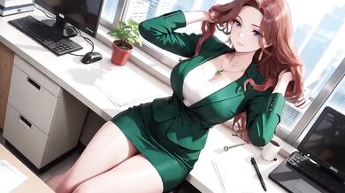 Red Hair Green Suit Secretary Teasing Her Wet Eyes