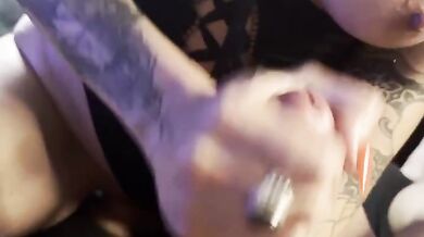 Goth goddess gags on DP while squirting on big dick POV