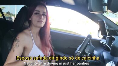 Wife in panties begs strangers for directions while fingering in car