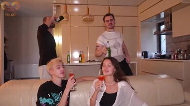 Cuckold whimpers as girlfriend serves big cocks at orgy party