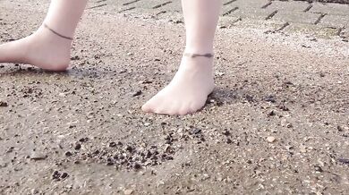 Feet in fine stockings splashing the Wadden Sea Wangerland